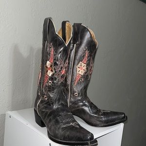 JB Dillon Embroidered Boots sz 6.5 coral/beige design on gray snip toe leather